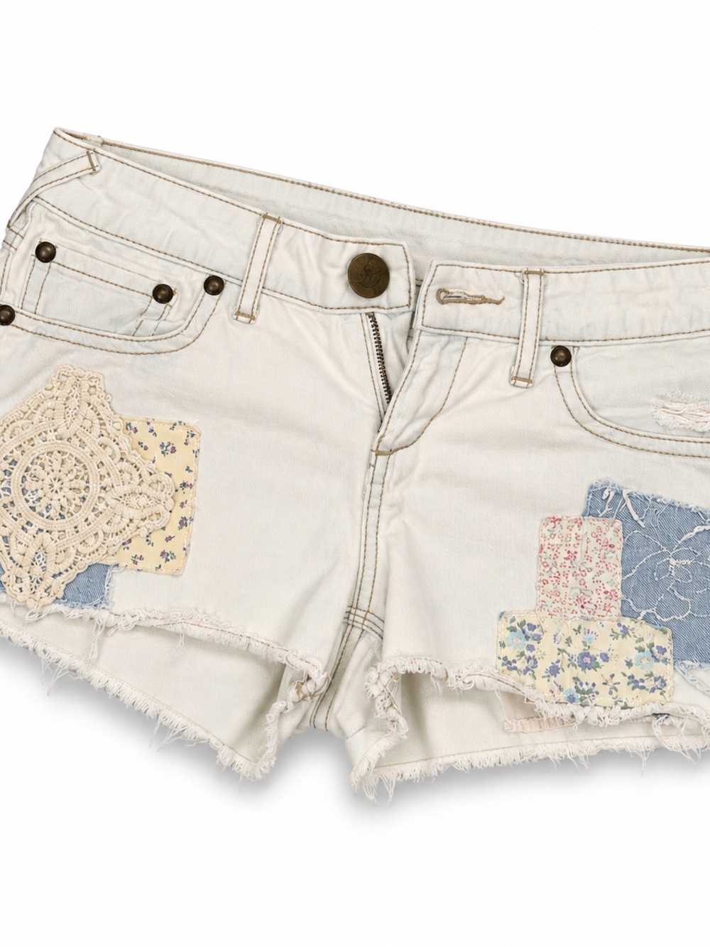 Free People Cream Patchwork Lace Trim Denim Shorts